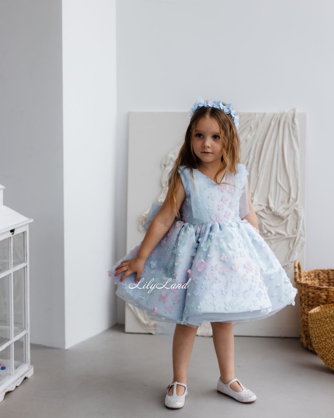 Malva Girl Dress with 3D Flower Lace in Blue