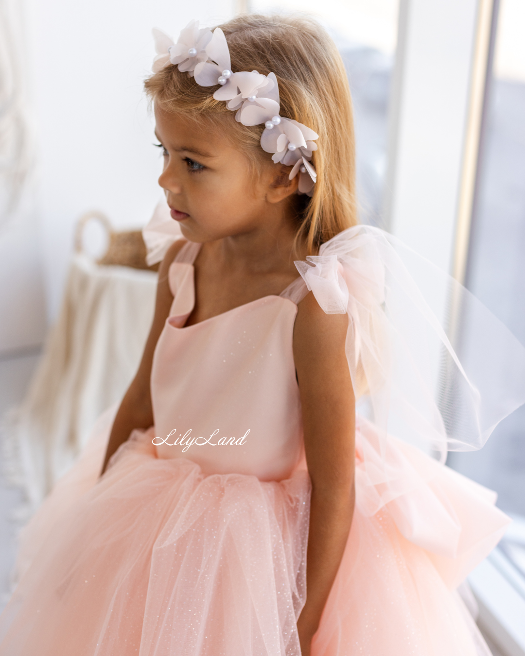 Judy Sparkling Tulle Sleeveless Girl Dress in Peach