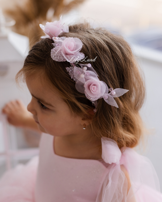 Girl Hair Accessories with Roses and Glitter Leaves in Light Pink