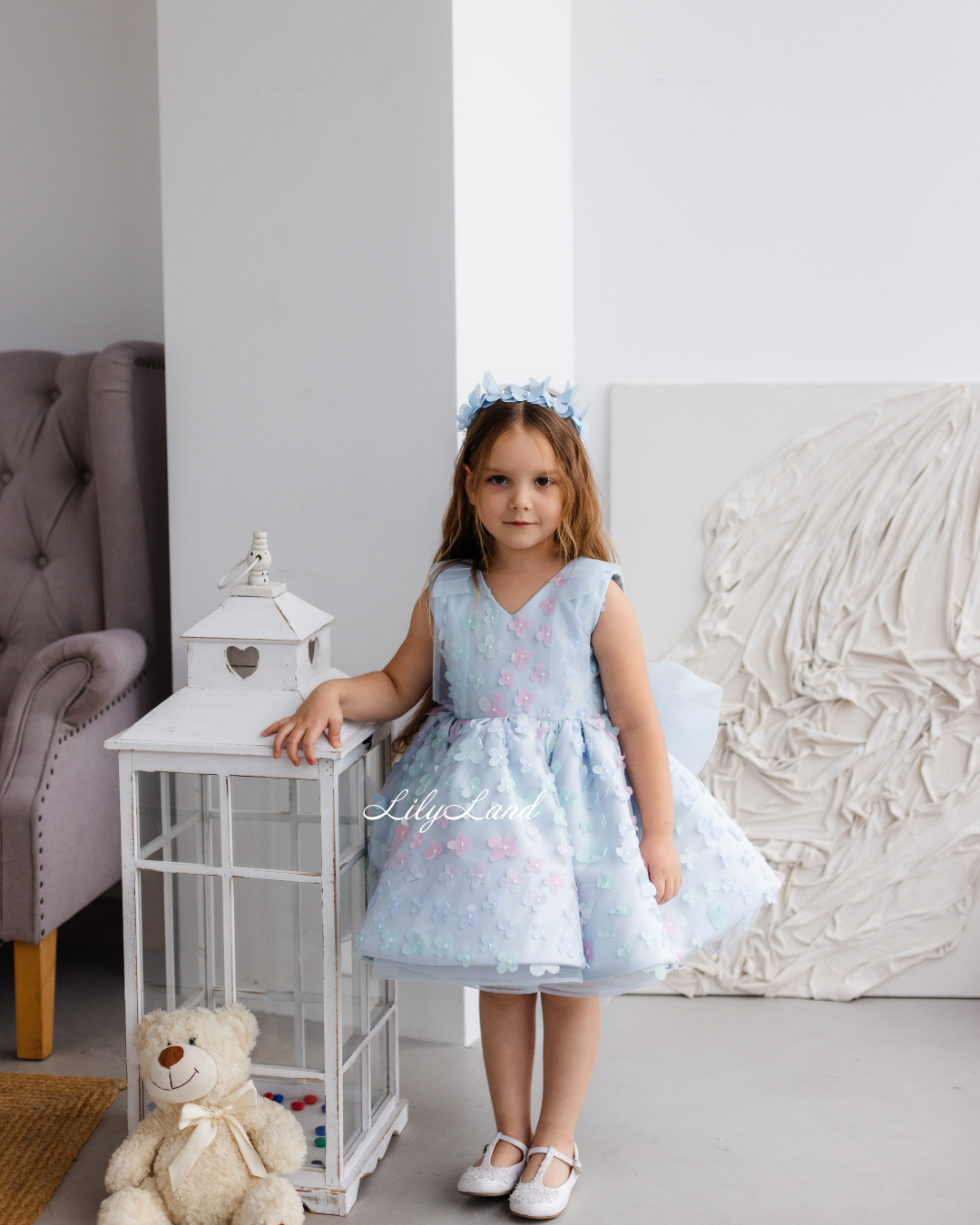 Malva Girl Dress with 3D Flower Lace in Blue