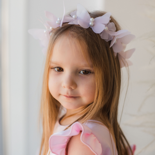 Girl Headband with Butterflies and Flowers in Blush Pink