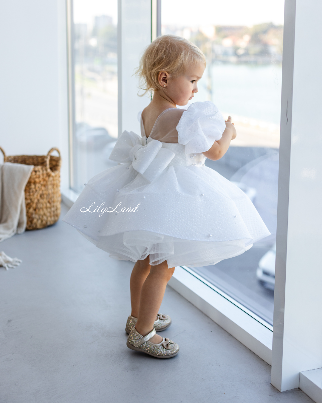 Kira Glitter Puffy Girl Dress in White with Beads