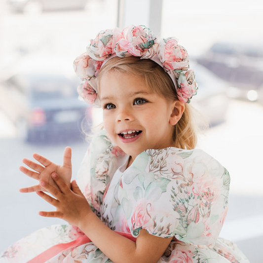 Floral Girl Headband in Coral, White and Green