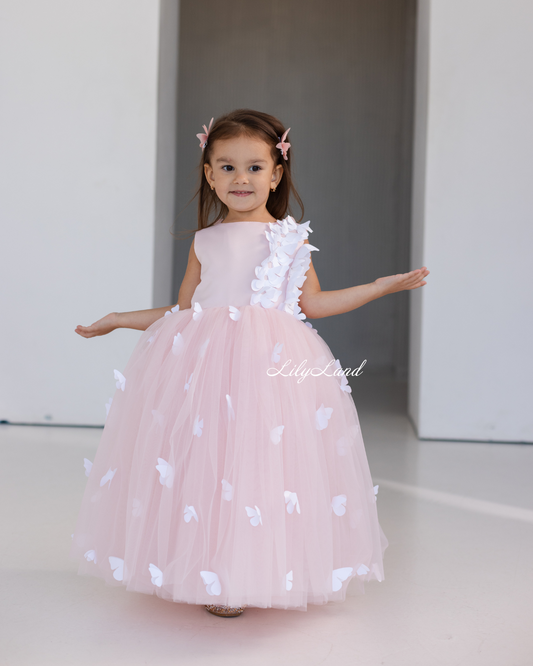 Fleur Girl Long Dress with Butterflies in Blush Pink