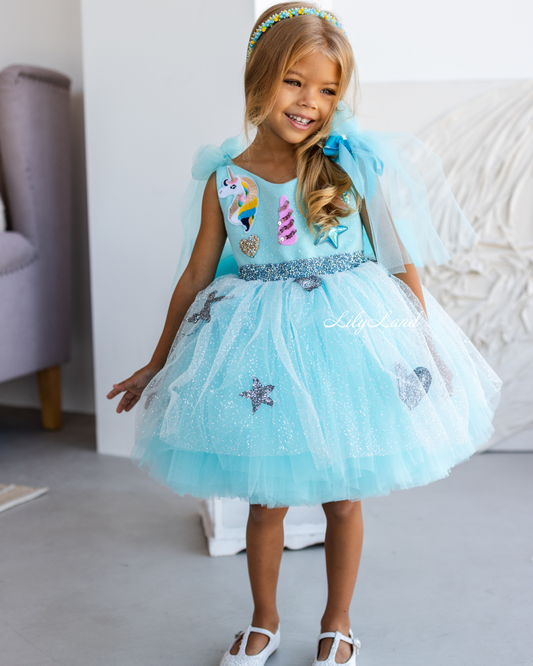 Judy Girl Dress - Unicorn Theme Dress in Tiffany