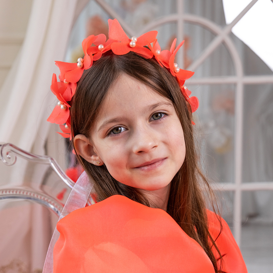 Girl Headband with Butterflies and Flowers in Bright Pink