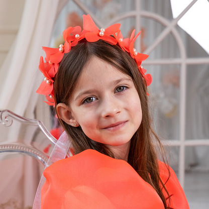 Girl Headband with Butterflies and Flowers in Hot Orange