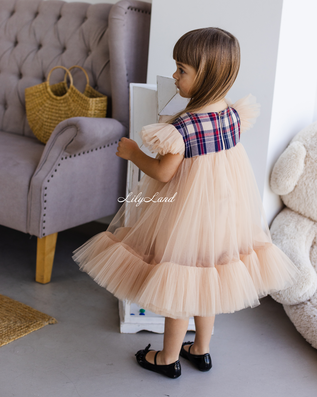 Belle Vestido Niña Navidad Año Nuevo en Color Beige con Tartán