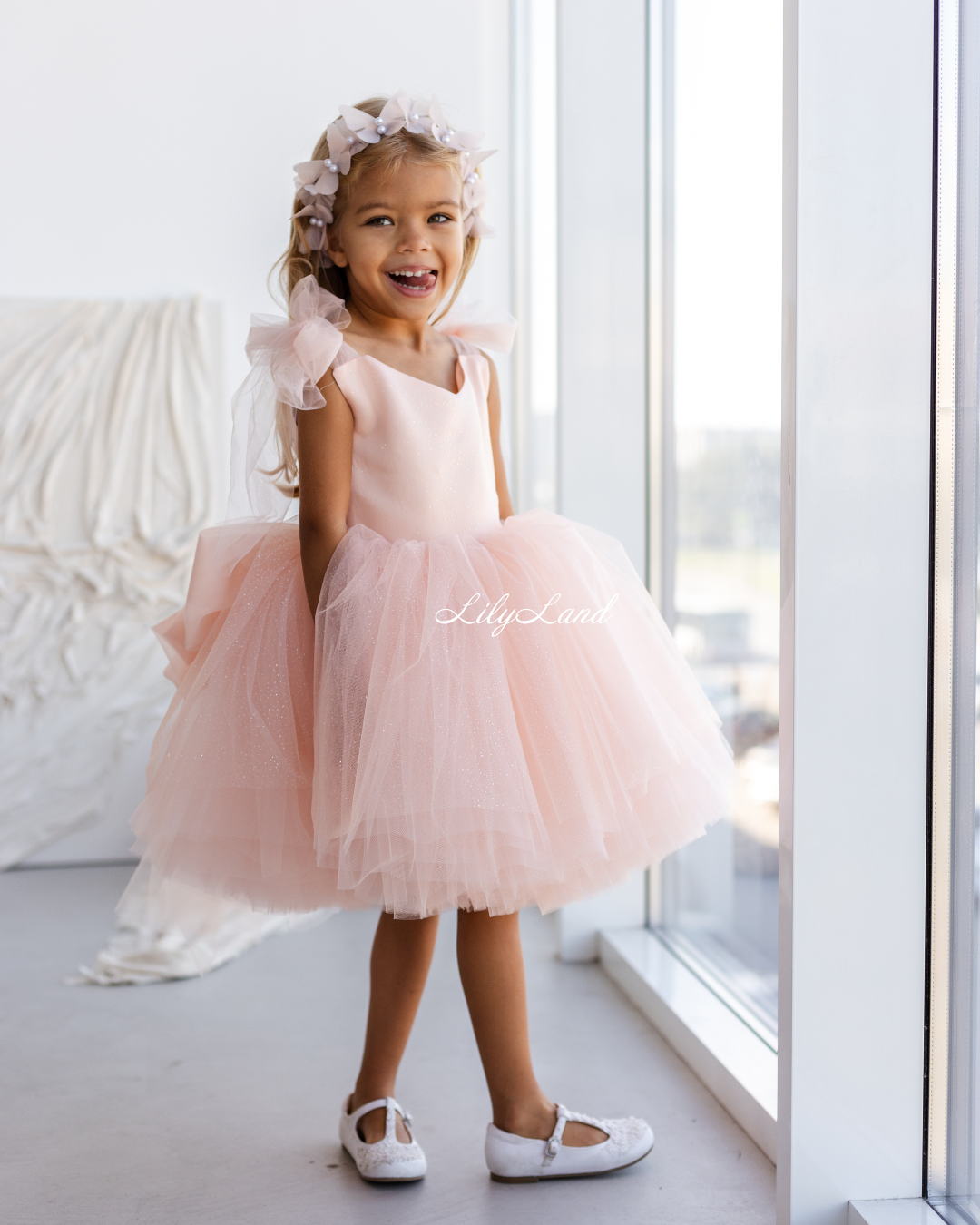 Judy Sparkling Tulle Sleeveless Girl Dress in Peach