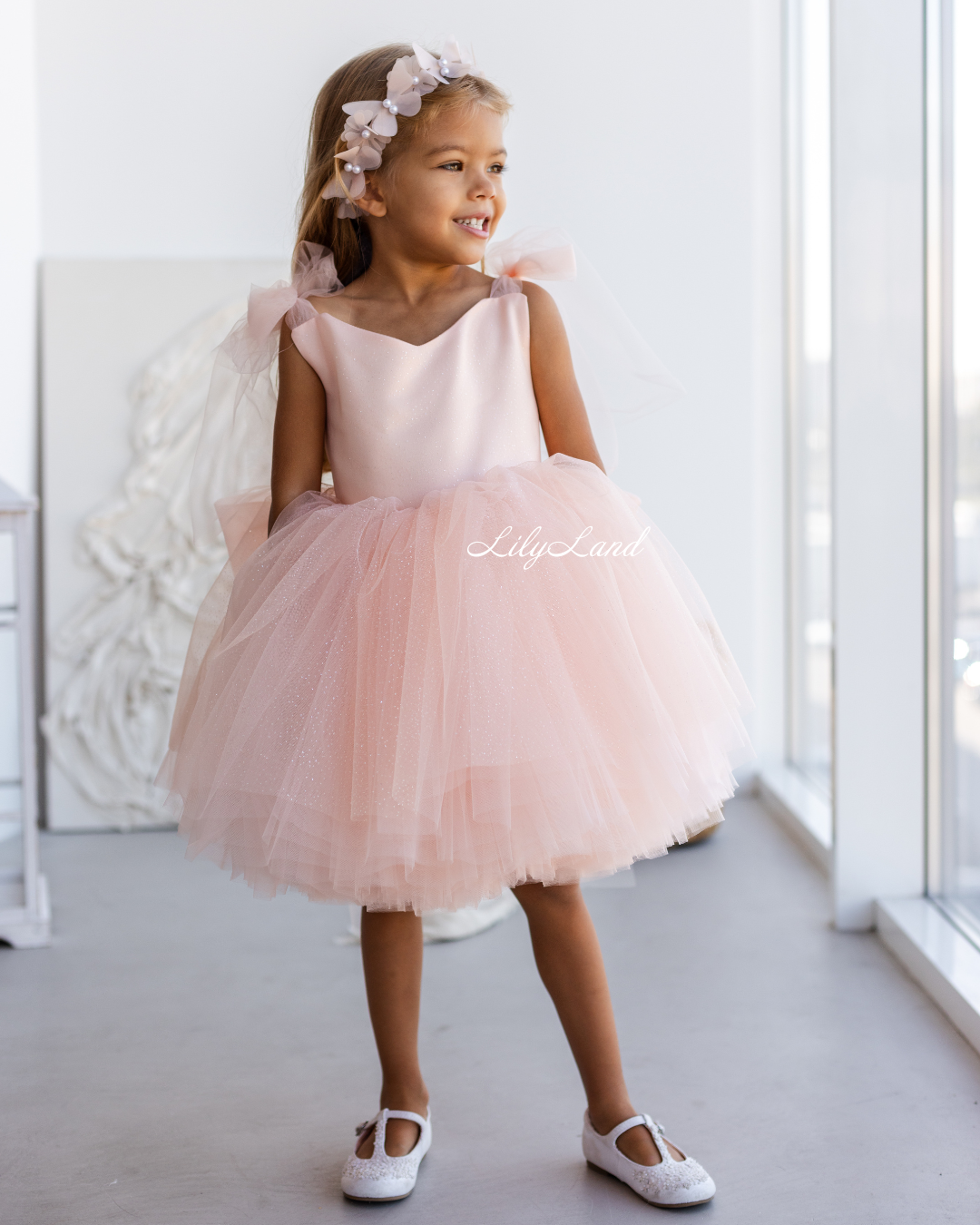 Judy Sparkling Tulle Sleeveless Girl Dress in Peach