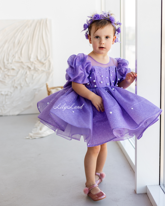 Kira Glitter Puffy Girl Dress in Lavender with Beads