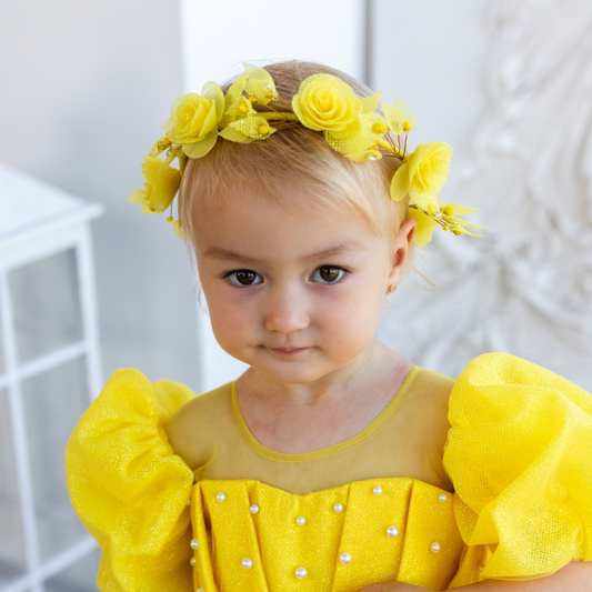 Girl Hair Accessories with Roses and Glitter Leaves in Yellow