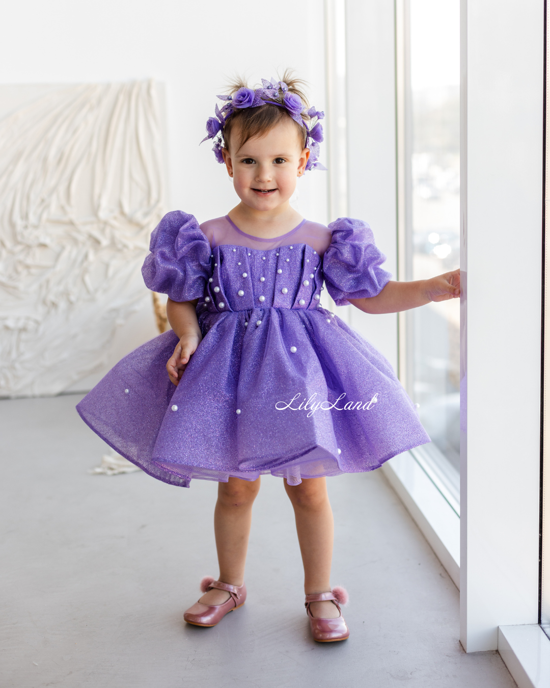 Kira Glitter Puffy Girl Dress in Lavender with Beads