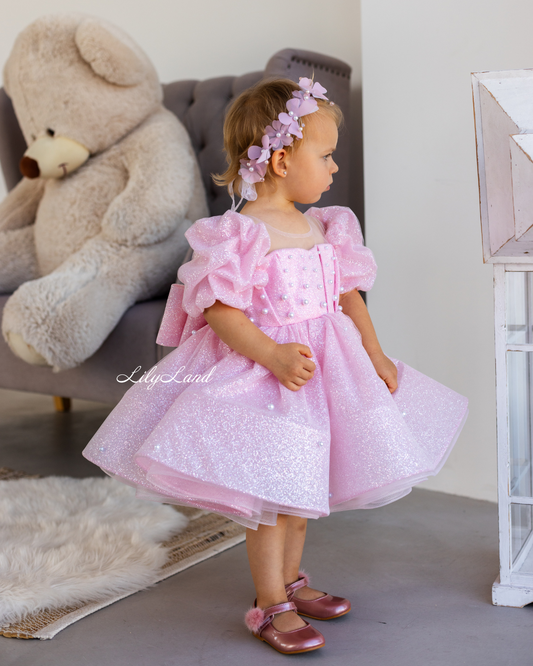 Kira Glitter Puffy Girl Dress in Light Pink