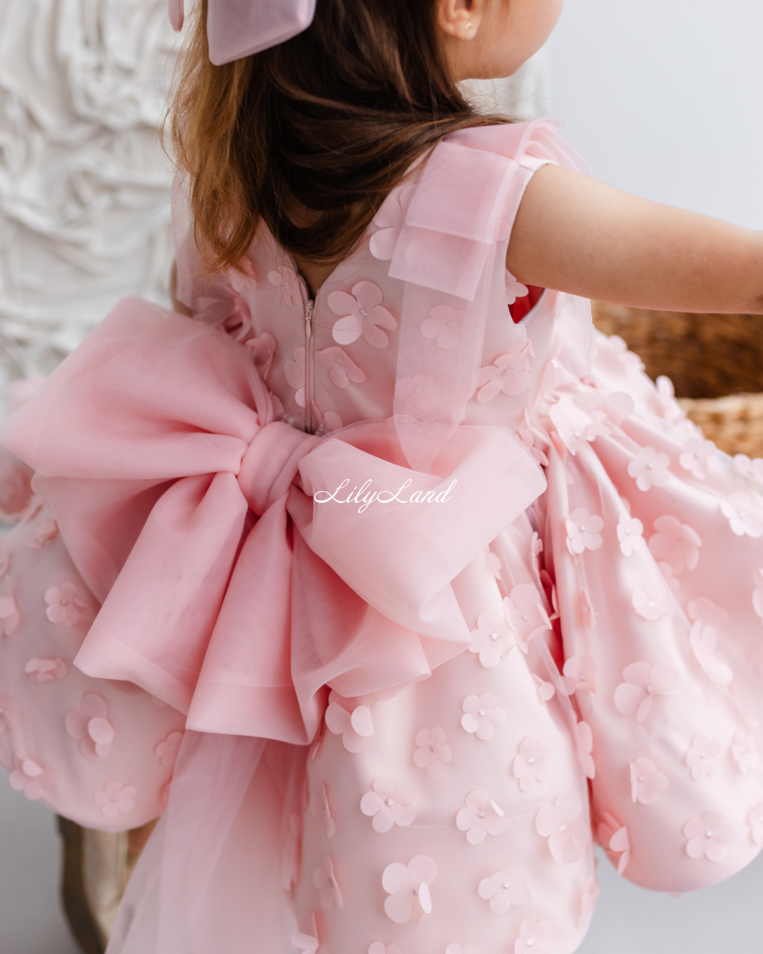 Malva Girl Dress with 3D Flower Lace in Peach