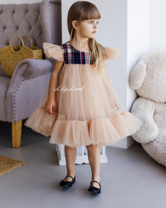 Belle New Year Christmas Tartan Girl Dress in Dark Beige