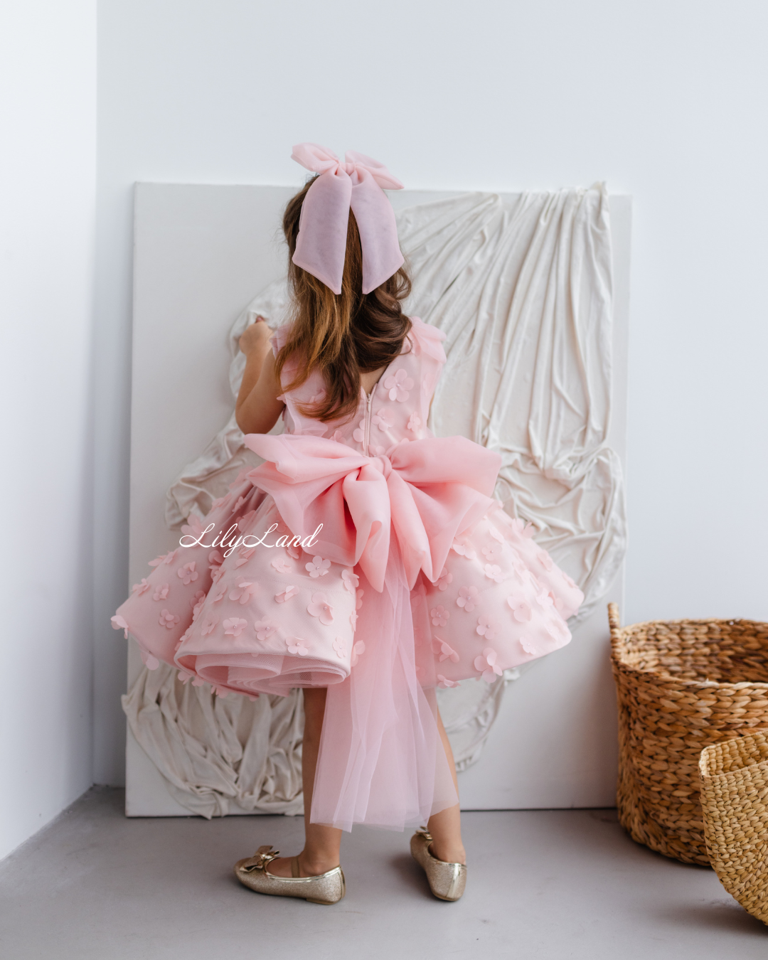 Malva Girl Dress with 3D Flower Lace in Peach