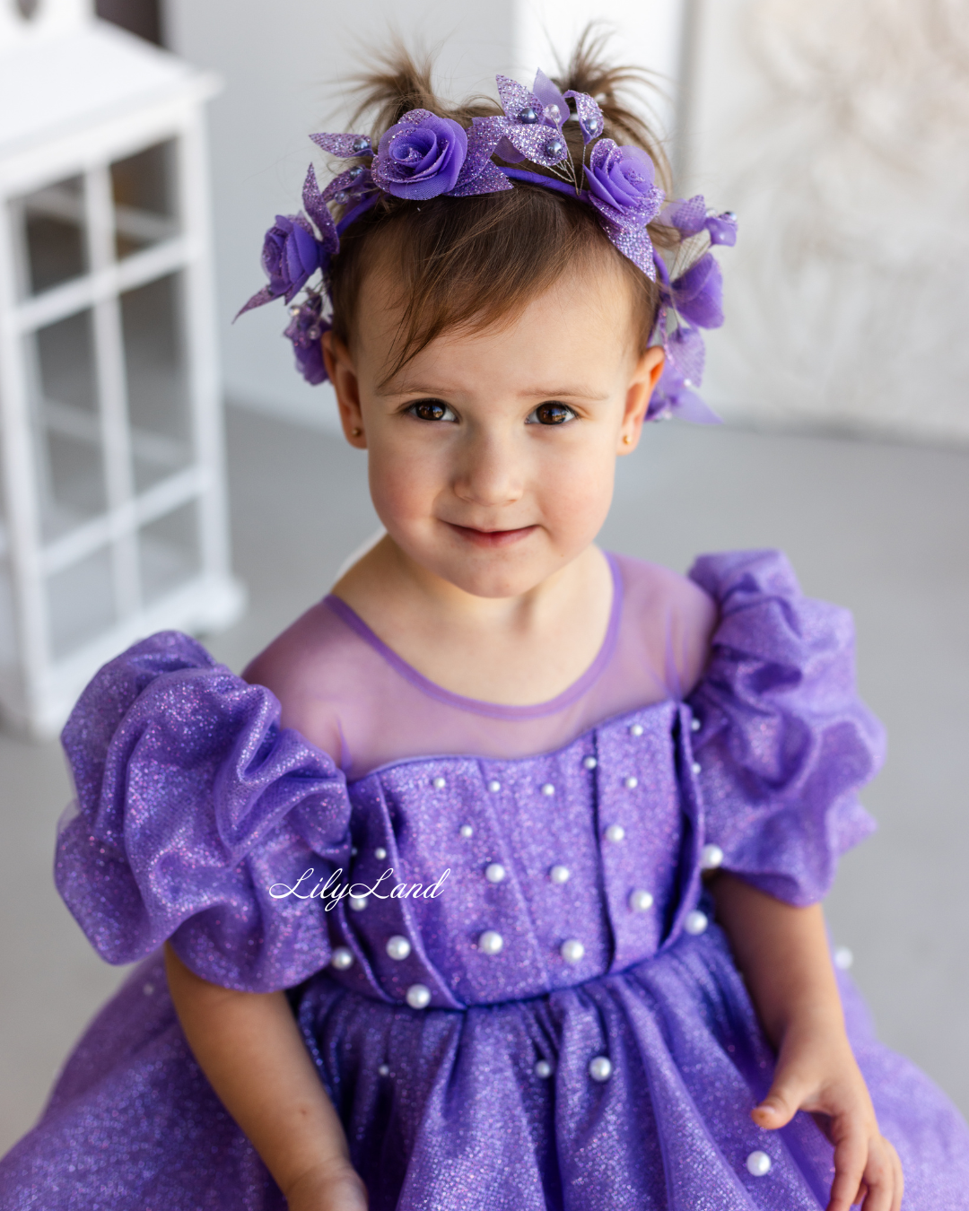 Kira Glitter Puffy Girl Dress in Lavender with Beads