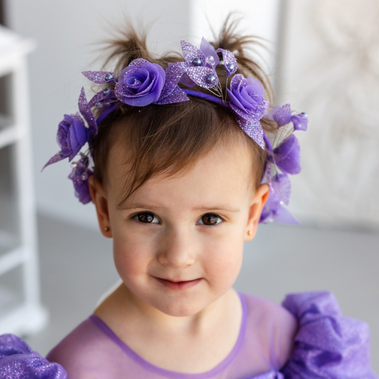 Girl Hair Accessories with Roses and Glitter Leaves in Purple