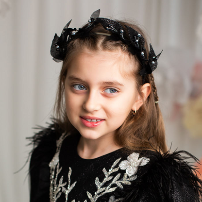 Girl Headpiece in Black with Beads and Glitter Leaves