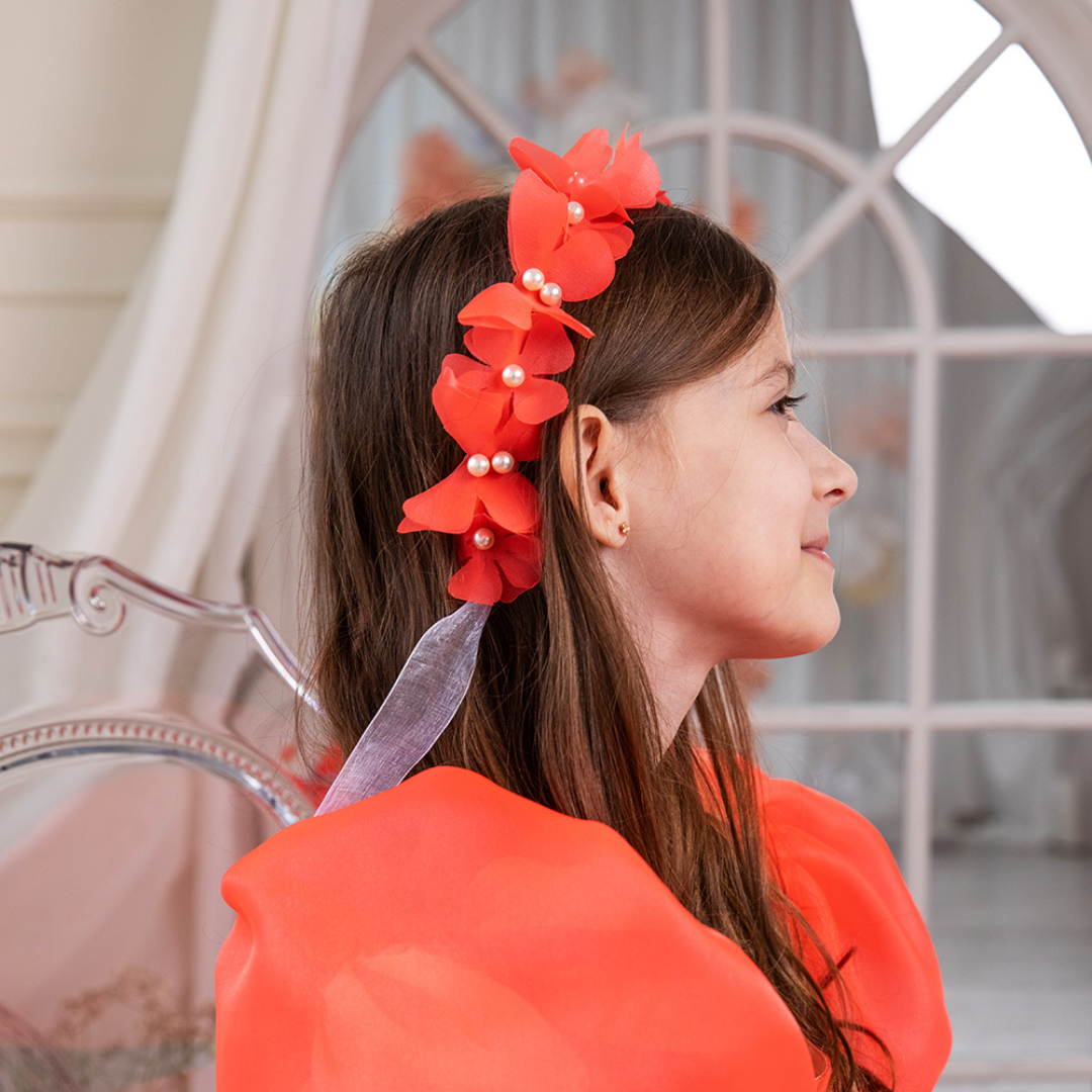 Girl Headband with Butterflies and Flowers in Bright Pink