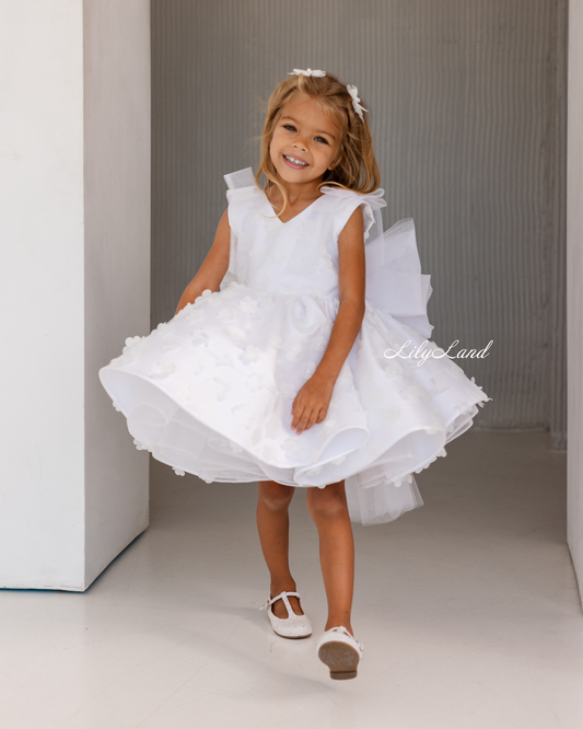 Malva Girl Dress with 3D Flower Lace in White