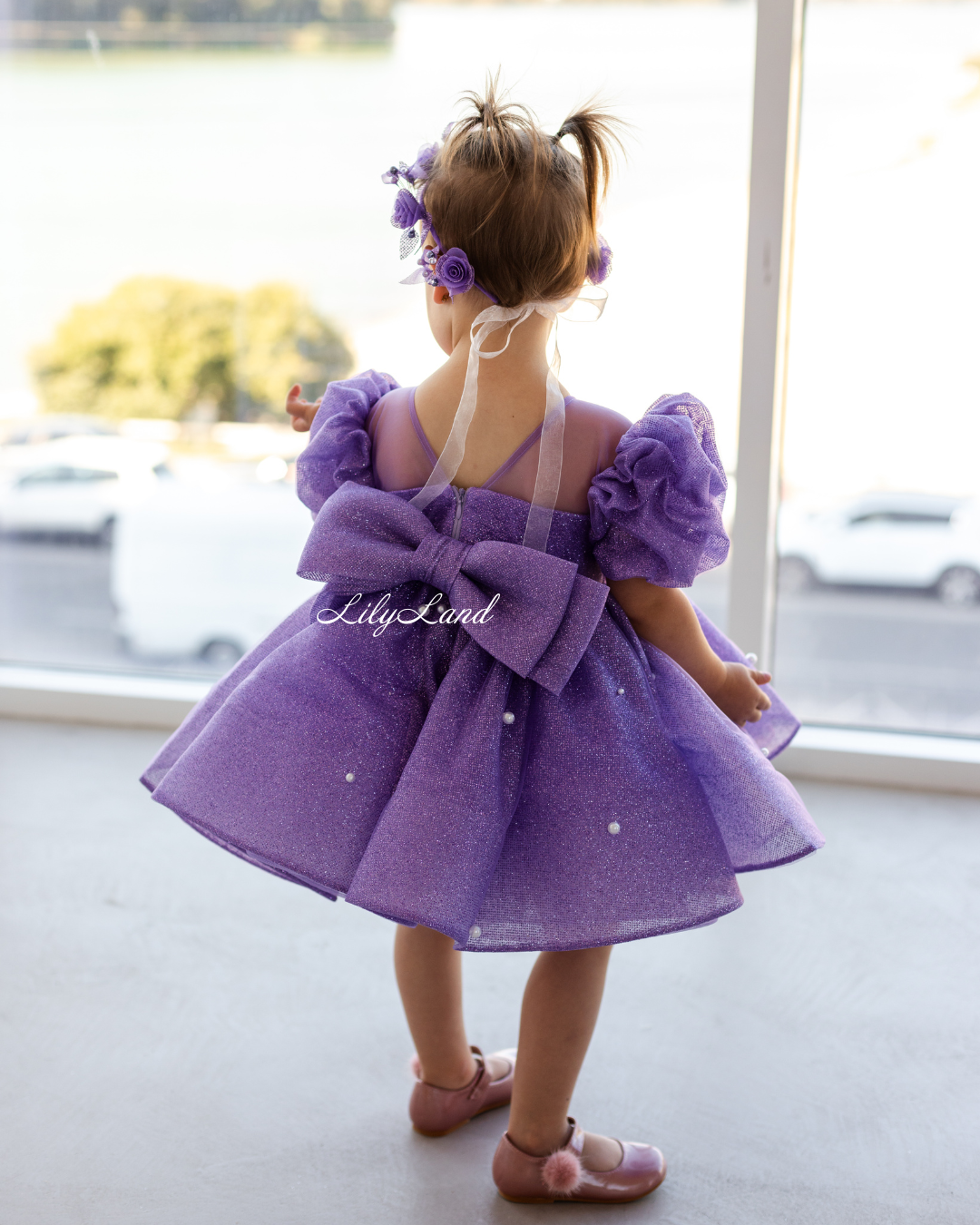 Kira Glitter Puffy Girl Dress in Lavender with Beads