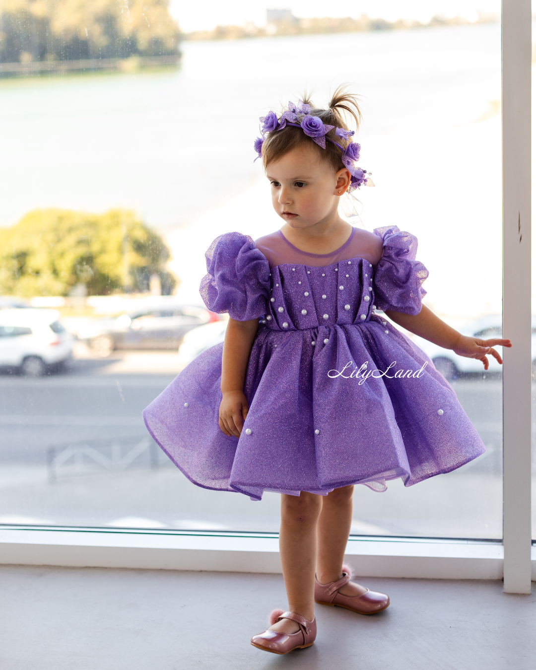 Kira Glitter Puffy Girl Dress in Lavender with Beads