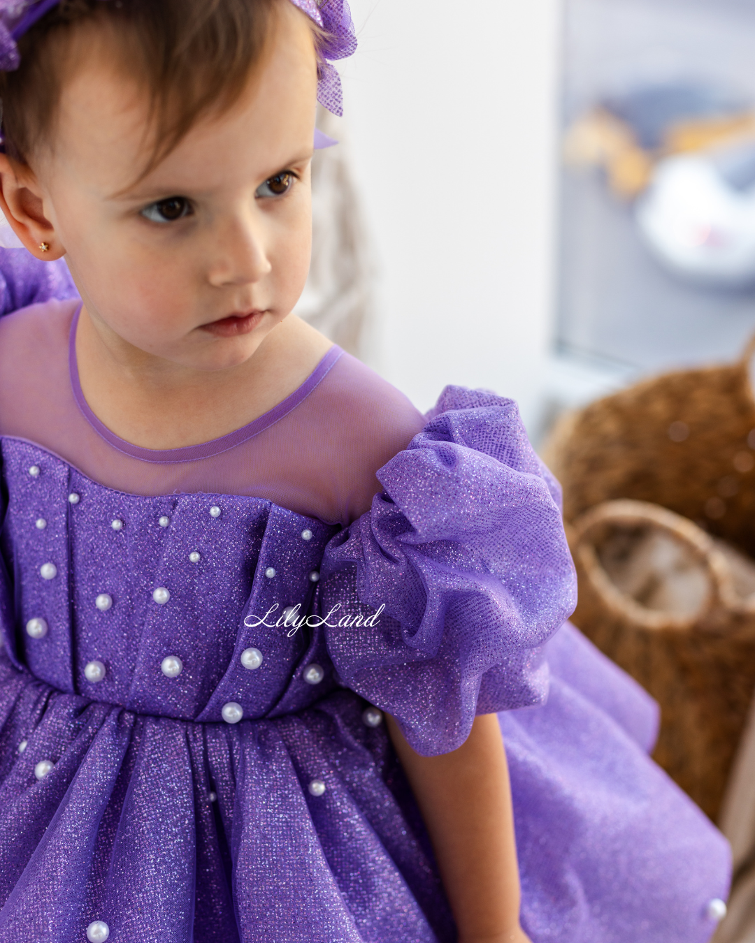 Kira Glitter Puffy Girl Dress in Lavender with Beads