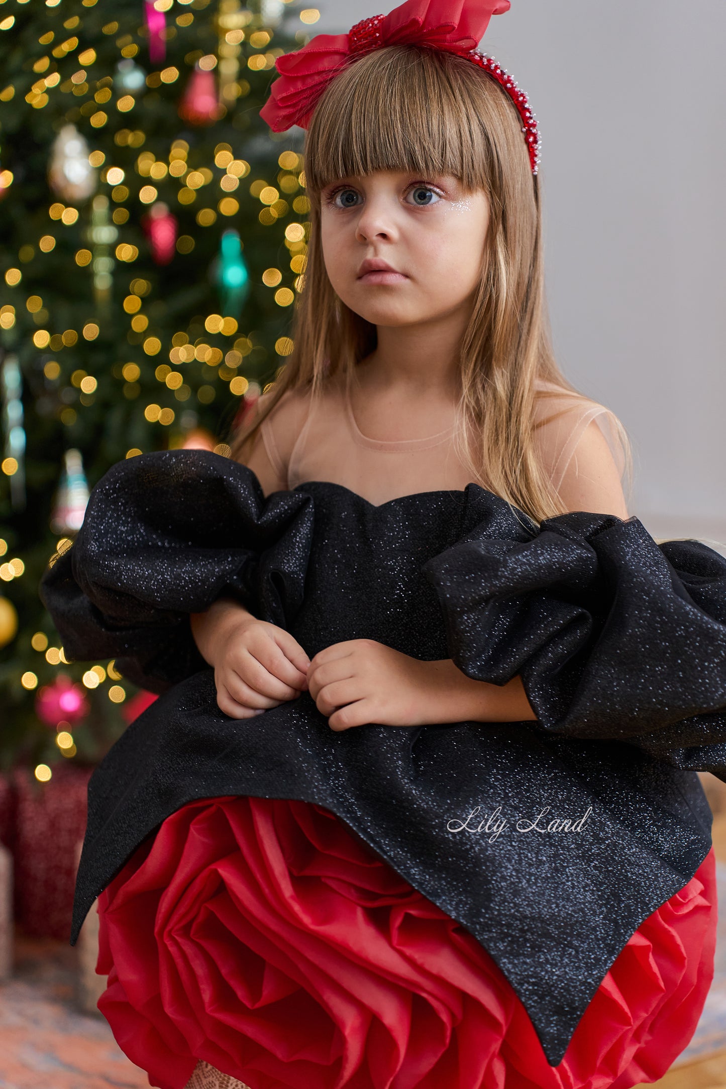Dolly Glitter Christmas Dress in Black with Red