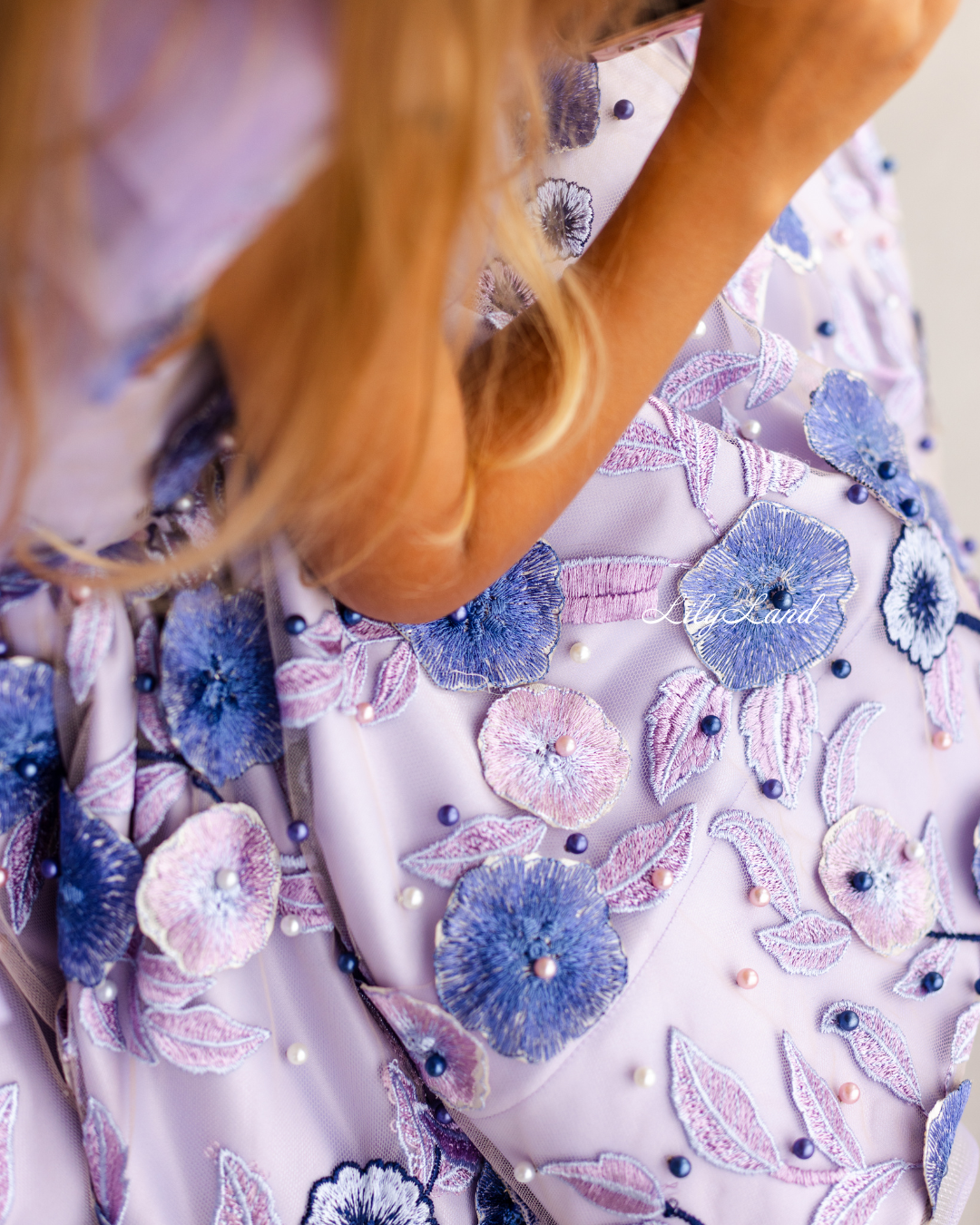 Malva Girl Dress with Floral embroidery and Pearls in Lavender