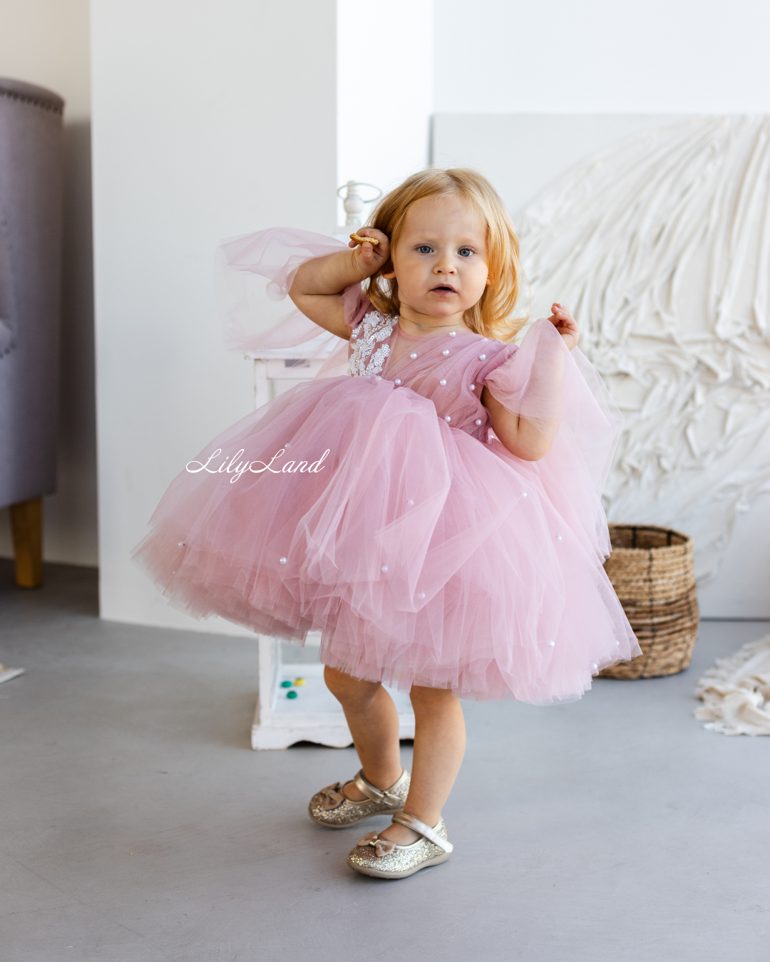 Chantal Baby Girl Dress in Dusty Rose with Detachable Sleeve