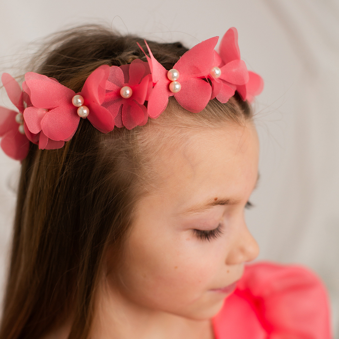 Girl Headband with Butterflies and Flowers in Hot Orange