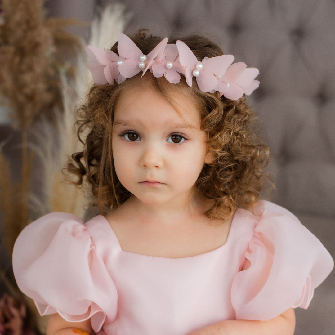 Girl Headband with Butterflies and Flowers in Hot Orange