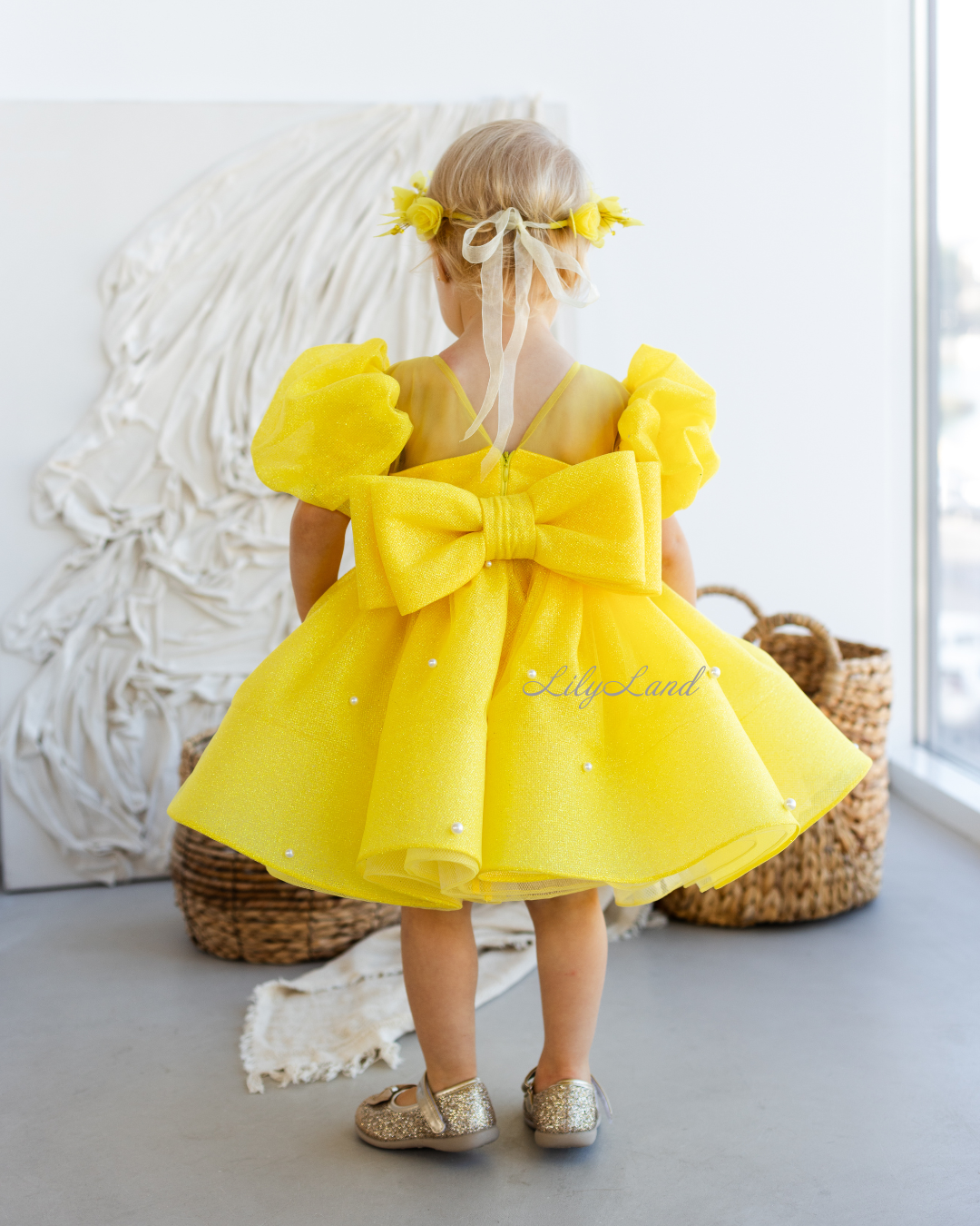 Kira Glitter Puffy Girl Dress in Yellow with Beads