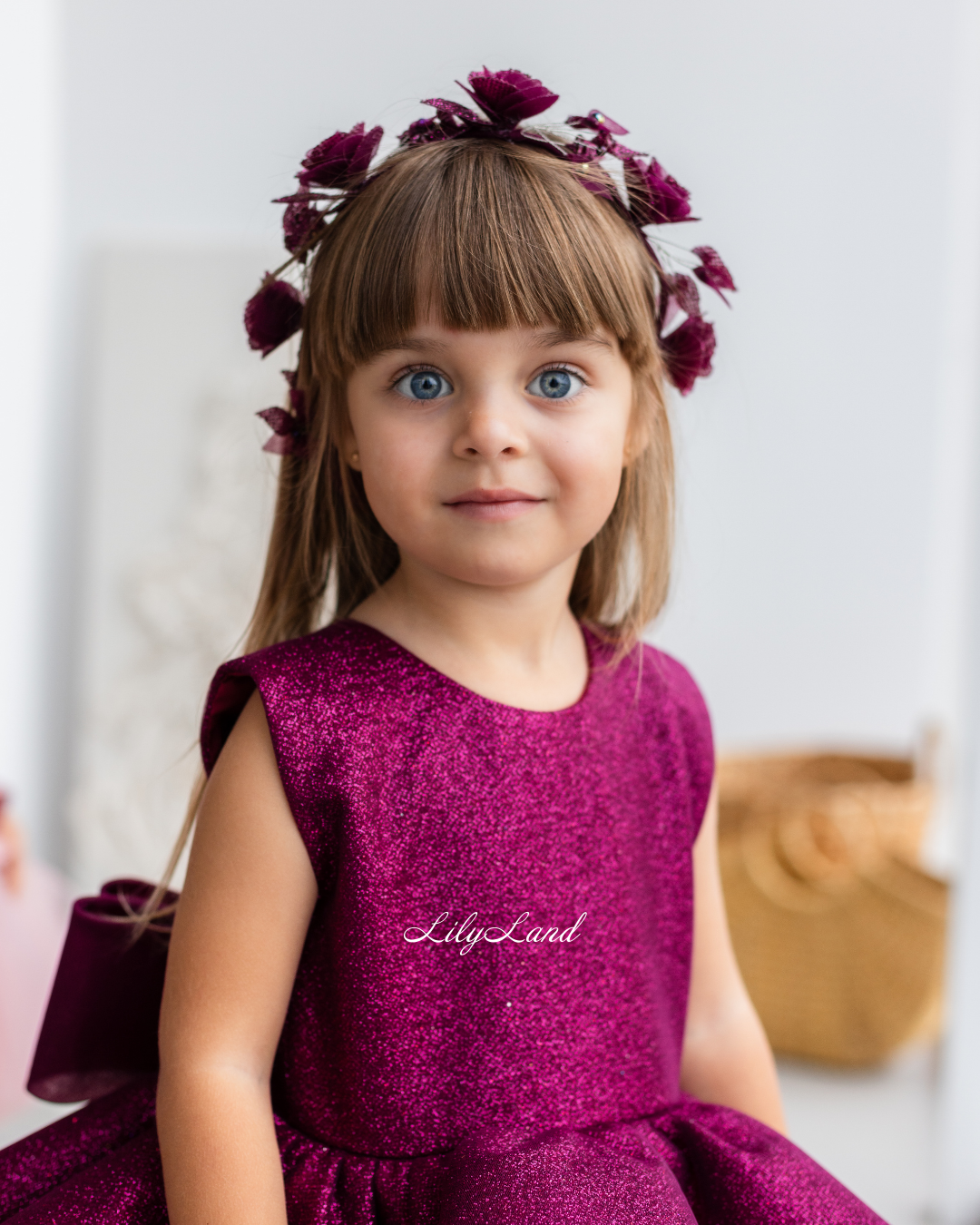 Girl Hair Accessories with Roses and Glitter Leaves in Marsala