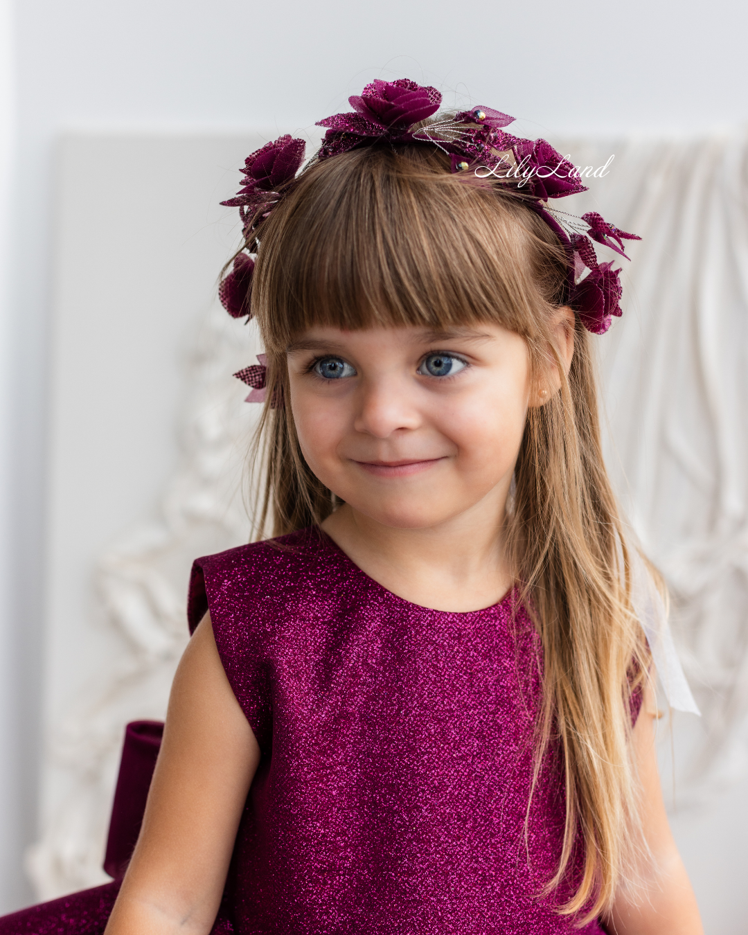 Girl Hair Accessories with Roses and Glitter Leaves in Marsala