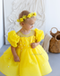 Kira Glitter Puffy Girl Dress in Yellow with Beads