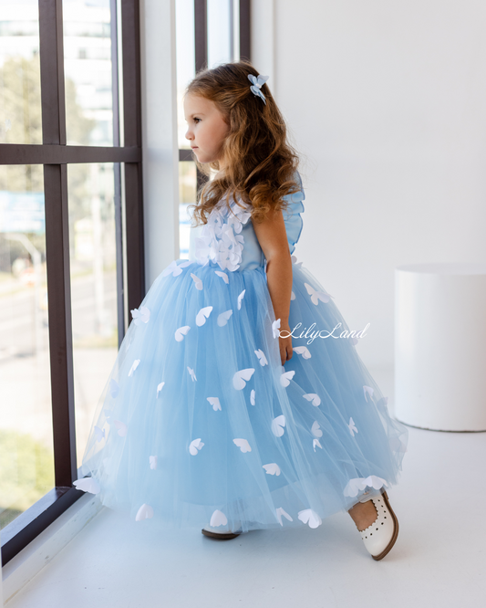 Fleur Girl Long Dress with Butterflies in Blue
