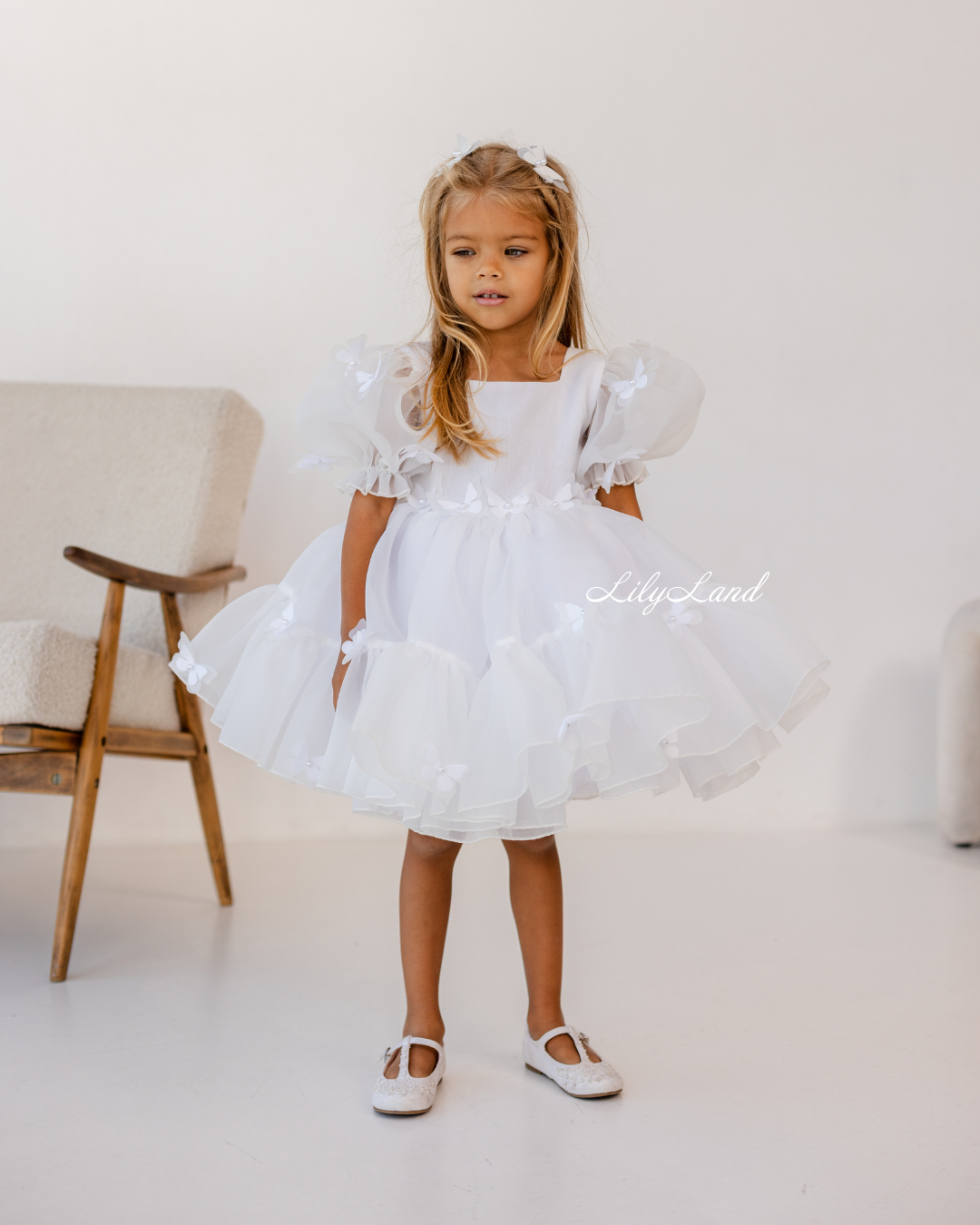 Marseille Puffy Dress in White with White Butterflies