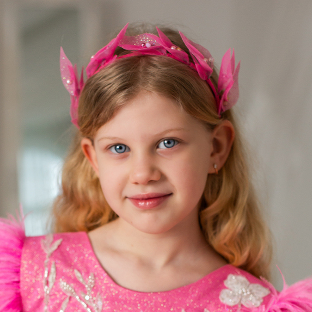 Diadema en Color Rosa con Cuentas y Hojas de Glitter