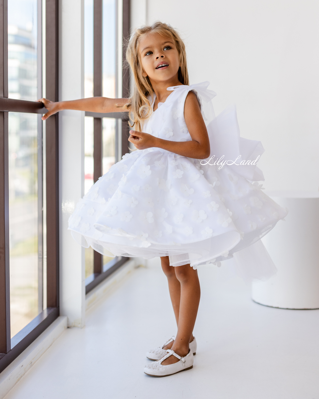 Malva Girl Dress with 3D Flower Lace in White