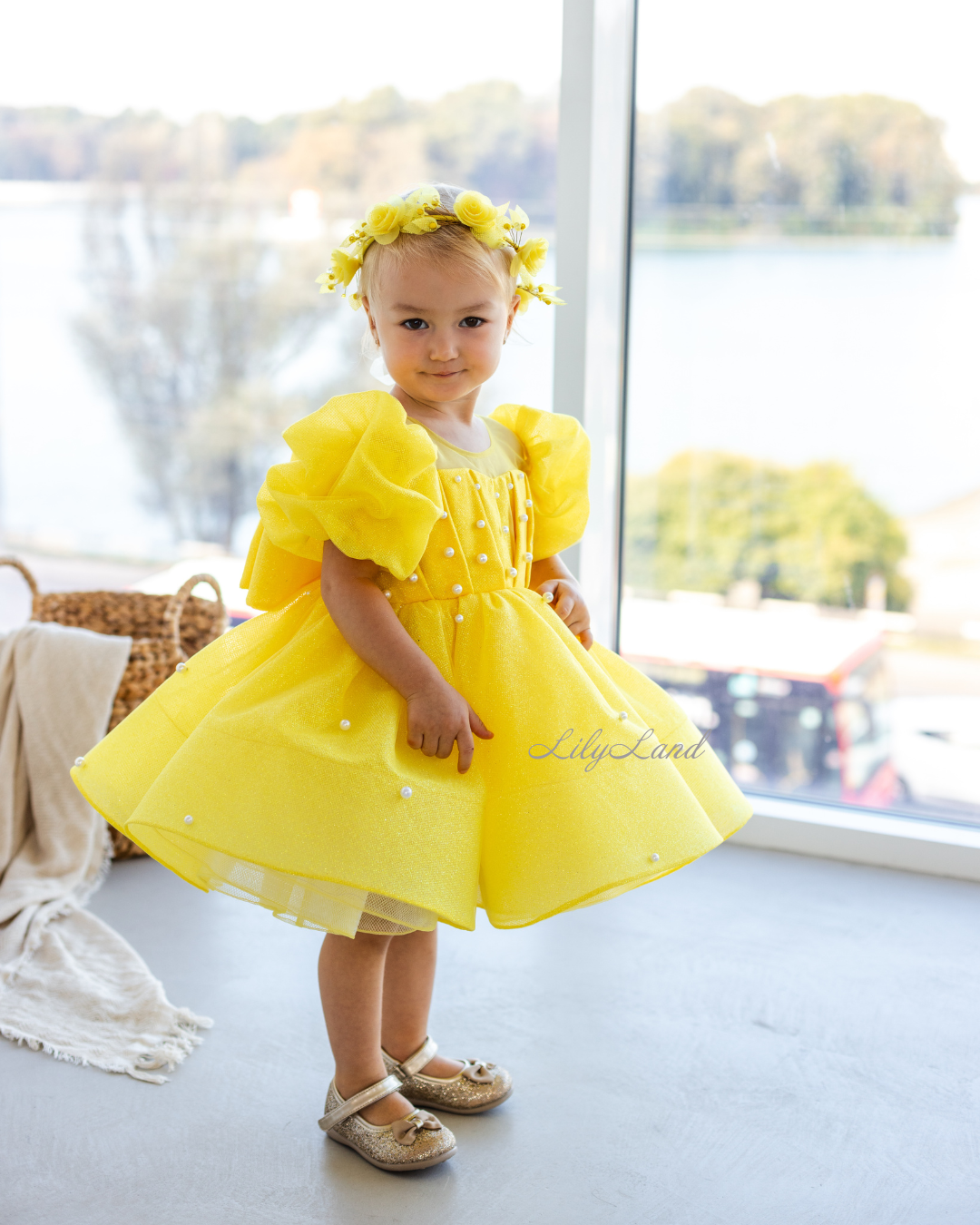 Kira Glitter Puffy Girl Dress in Yellow with Beads