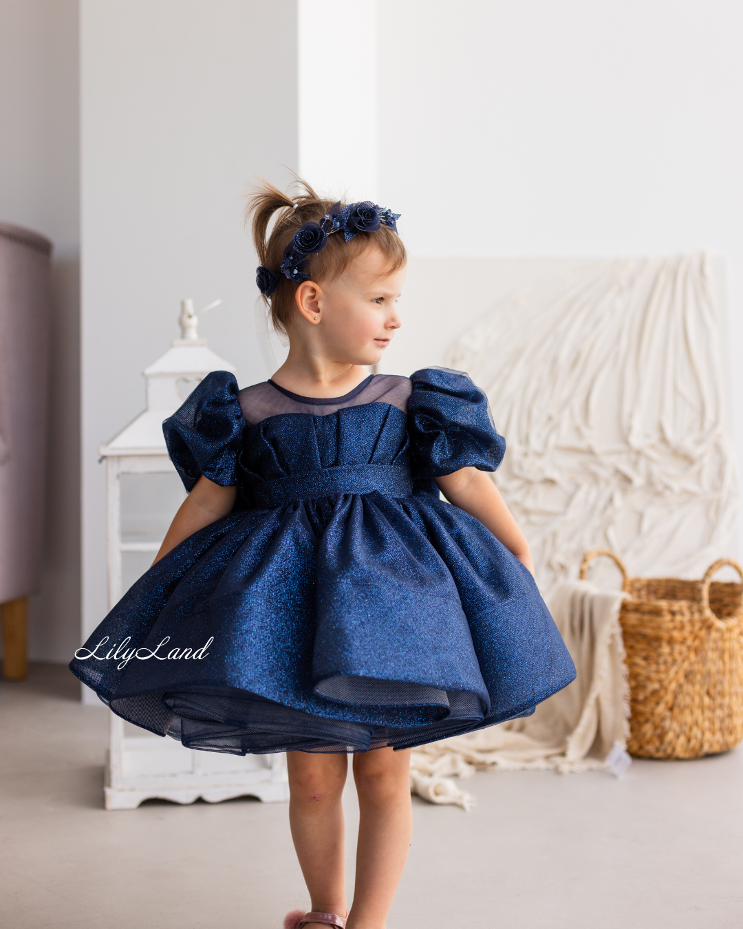 Kira Glitter Puffy Girl Dress in Dark Blue