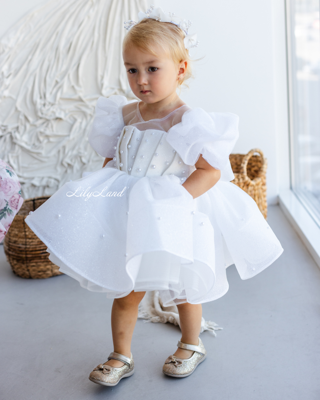 Kira Glitter Puffy Girl Dress in White with Beads