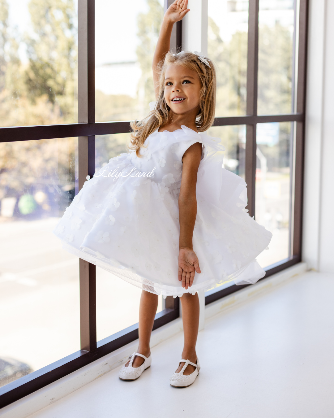 Malva Girl Dress with 3D Flower Lace in White