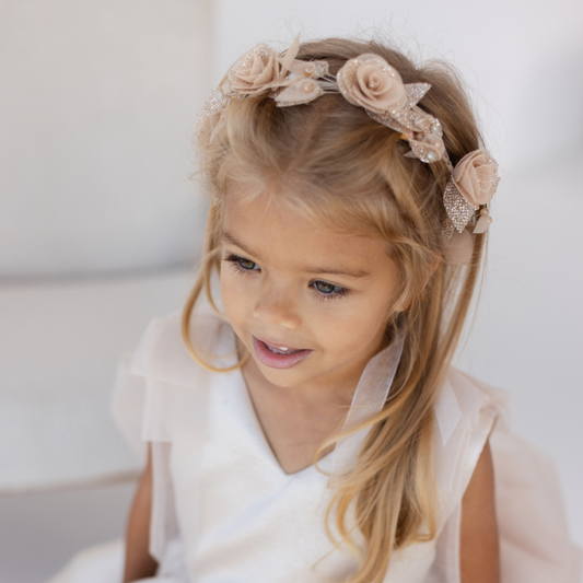 Girl Hair Accessories with Roses and Glitter Leaves in Gold