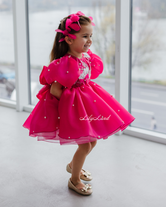 Mia Baby Girl Dress with Floral Appliqué in Raspberry