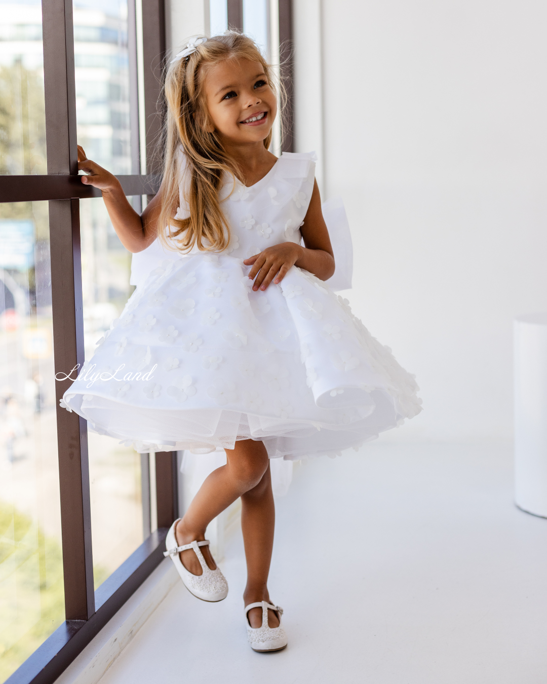 Malva Girl Dress with 3D Flower Lace in White