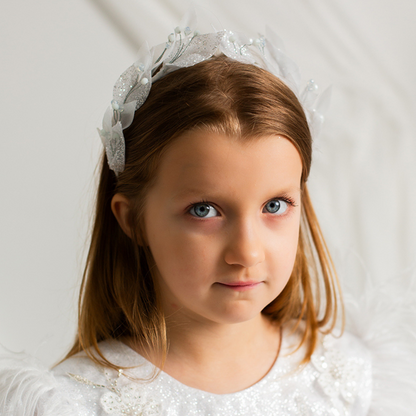 Girl Headpiece in White with Beads and Glitter Leaves